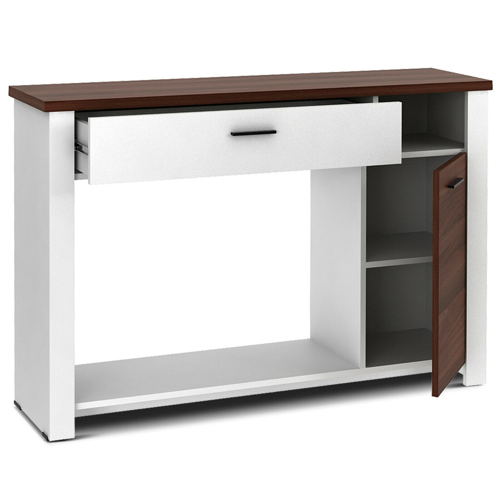 Console table featuring a wide tabletop, 1 drawer, and cabinet with adjustable shelf for versatile storage solutions.