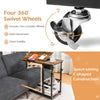 Adjustable C-shaped bedside table in rustic brown with lockable wheels and 2-tier shelf for versatile use and.