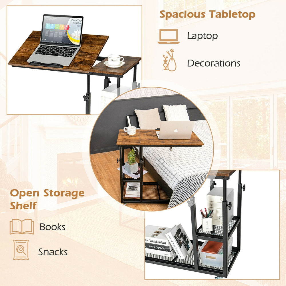 C-shaped adjustable bedside table in rustic brown with a spacious tabletop and open storage shelf for books and snacks.