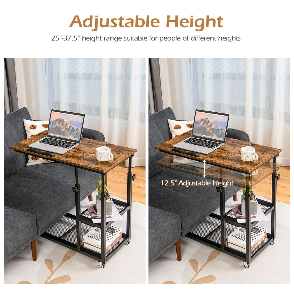 C-shaped adjustable bedside table in rustic brown, height range 25" to 36", with lockable wheels and 2-tier shelf.