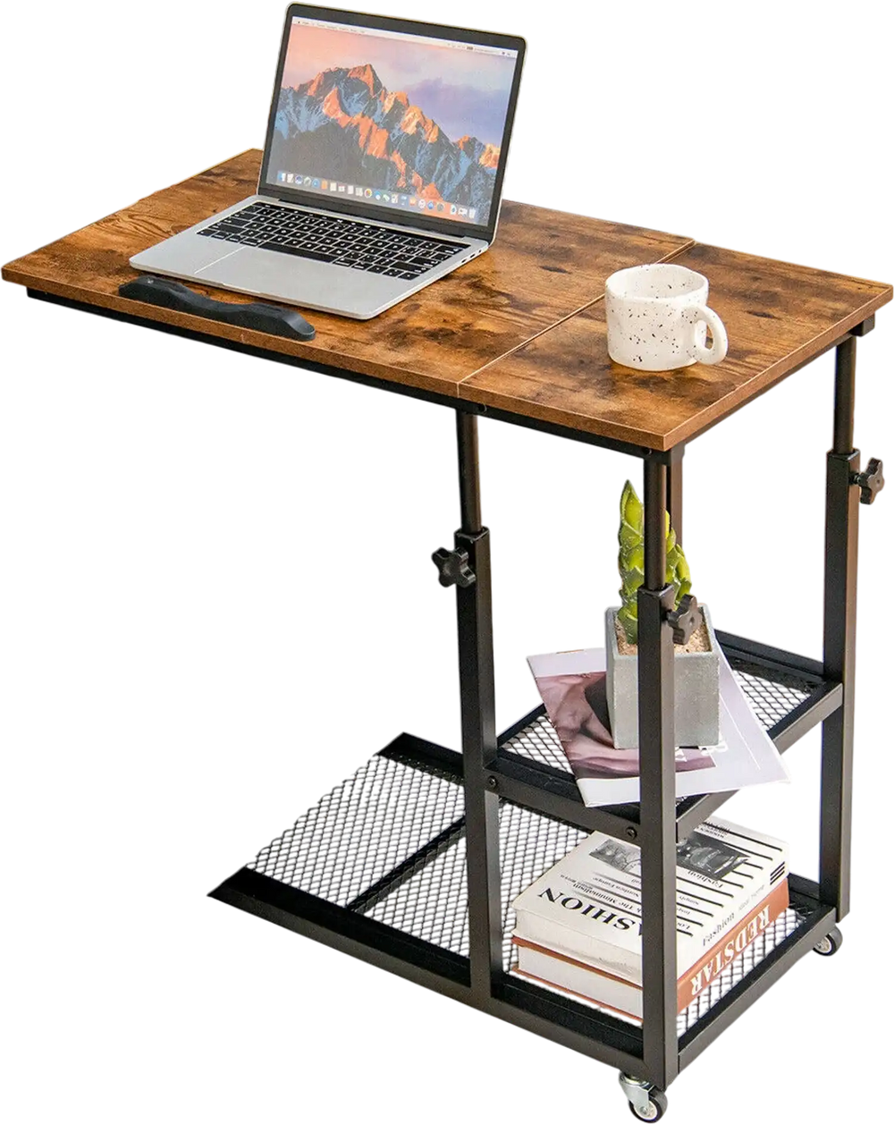 C-shaped adjustable bedside table in rustic brown with lockable wheels and 2-tier shelf for versatile use.