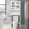 Over the toilet storage cabinet in pure white with tempered glass doors, perfect for organizing bathroom essentials.