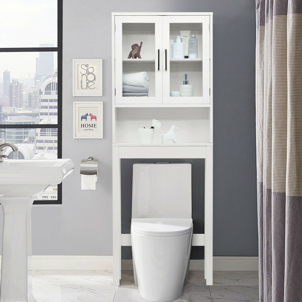 Over the toilet storage cabinet in pure white with tempered glass doors, perfect for organizing bathroom essentials.