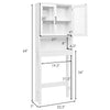 Over the toilet storage cabinet in white with tempered glass doors, featuring adjustable shelves for organized bathroom.
