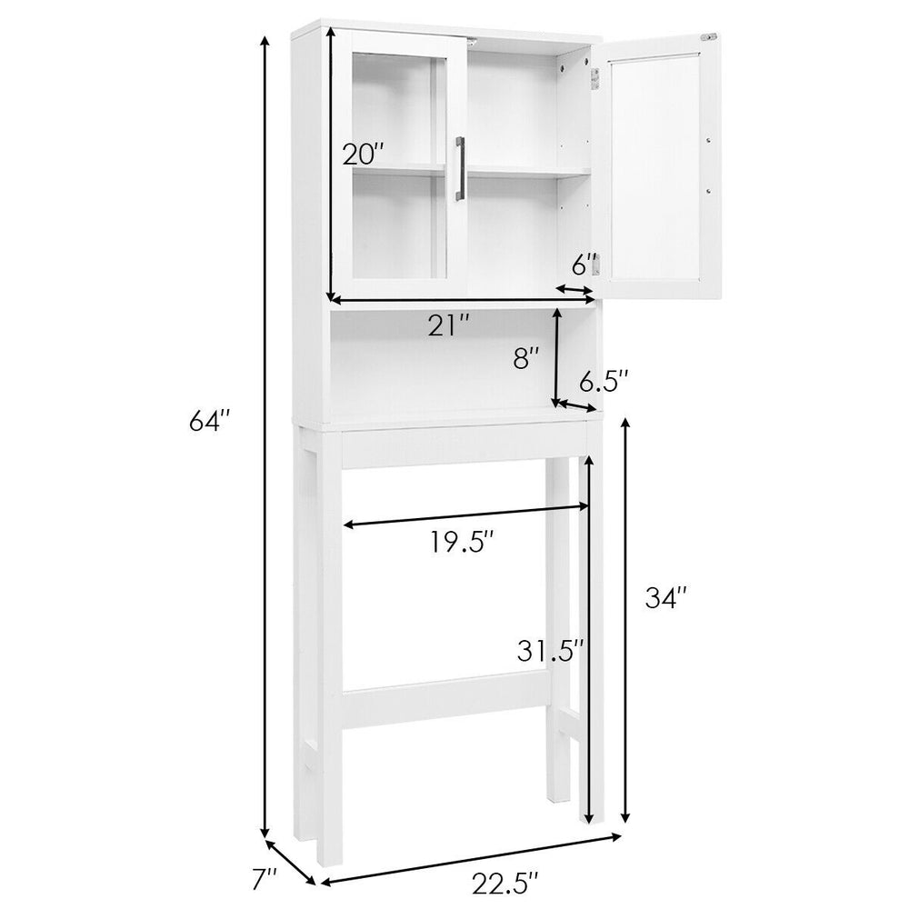 Over the toilet storage cabinet in white with tempered glass doors, featuring adjustable shelves for organized bathroom.