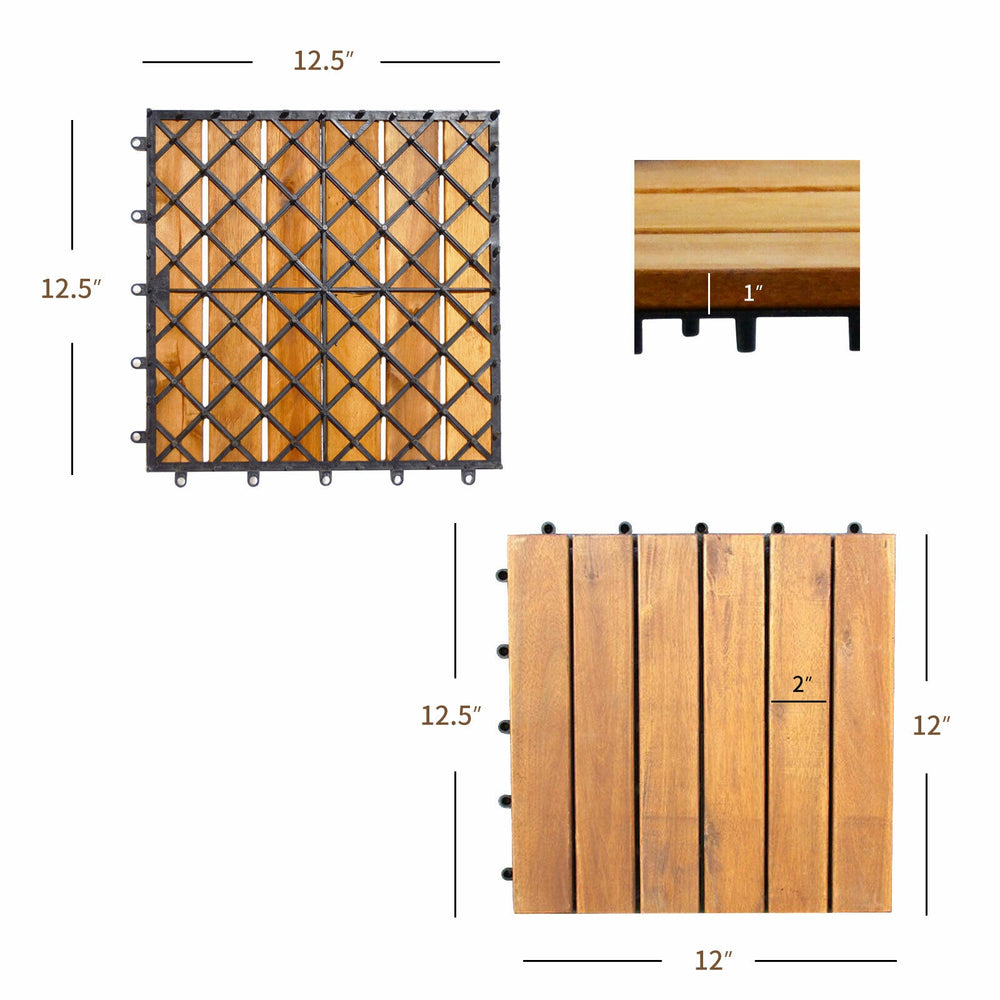 Acacia wood interlocking patio deck tile set, 12.5" x 12", ideal for outdoor flooring and easy to install.