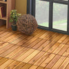 Acacia wood interlocking patio deck tiles shown on a wooden floor, ideal for indoor and outdoor flooring solutions.