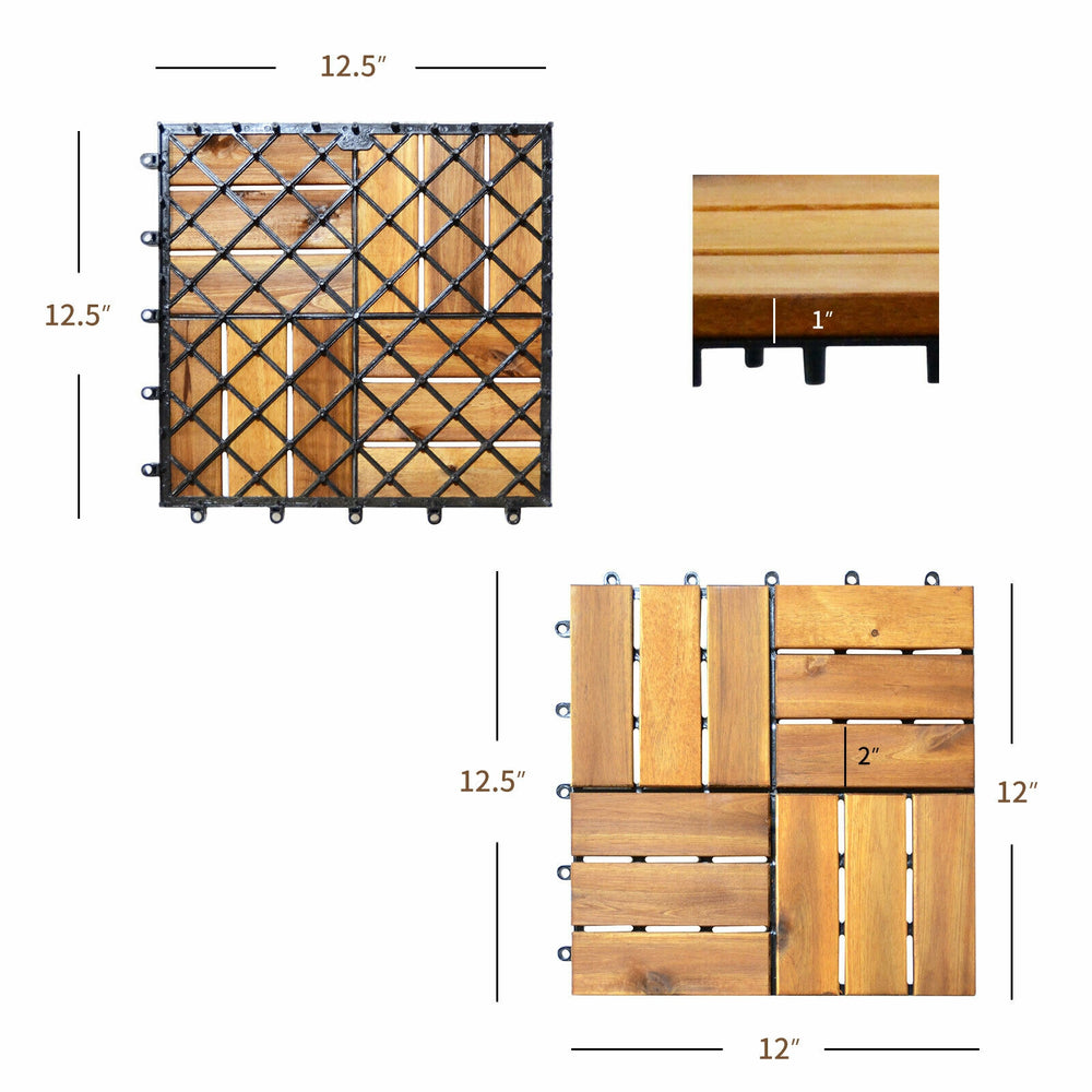 Acacia wood interlocking patio deck tile, 12 x 12 inches, showcasing dimensions for easy installation and outdoor use.