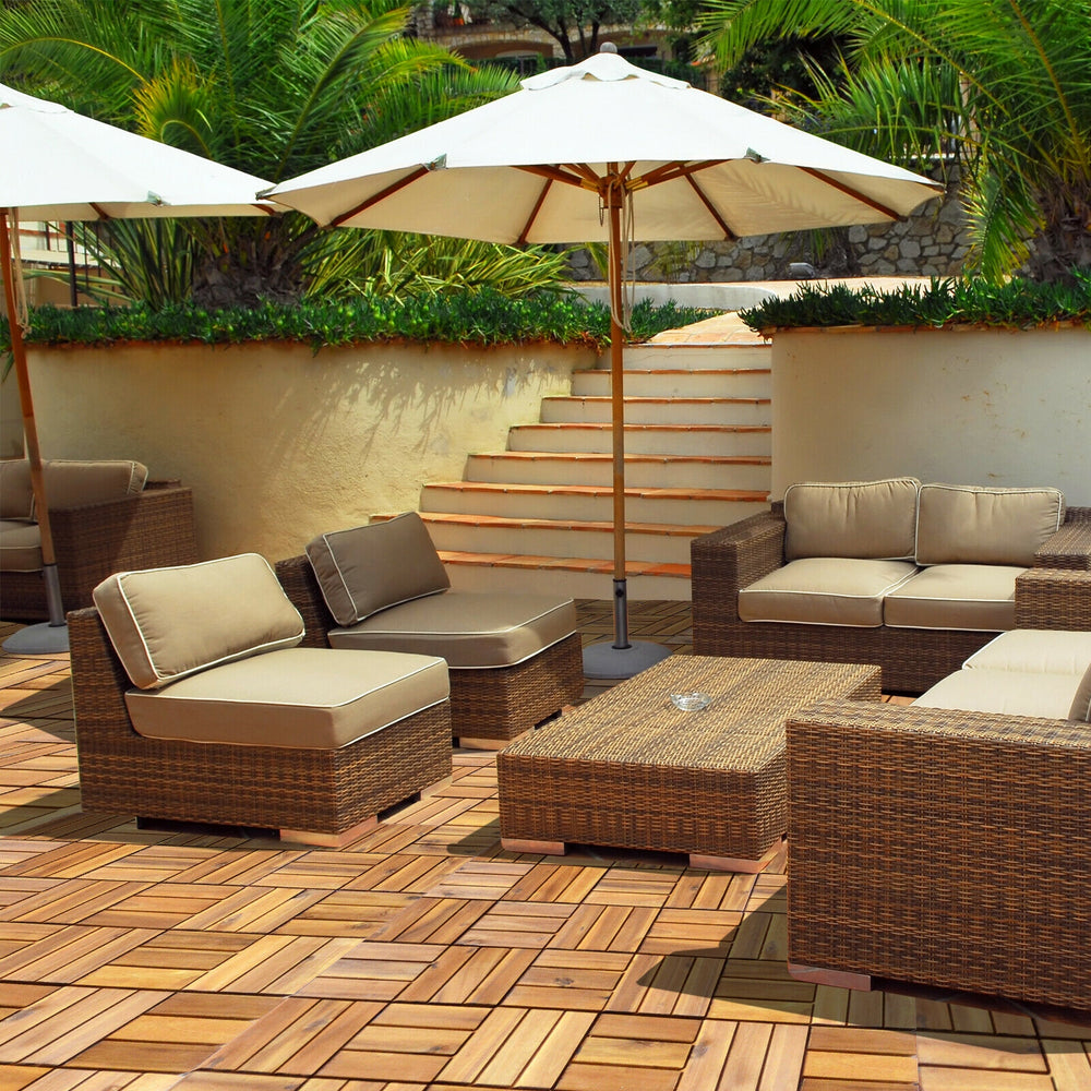 Acacia wood interlocking patio deck tiles arranged on a terrace, ideal for outdoor flooring renovation and aesthetics.