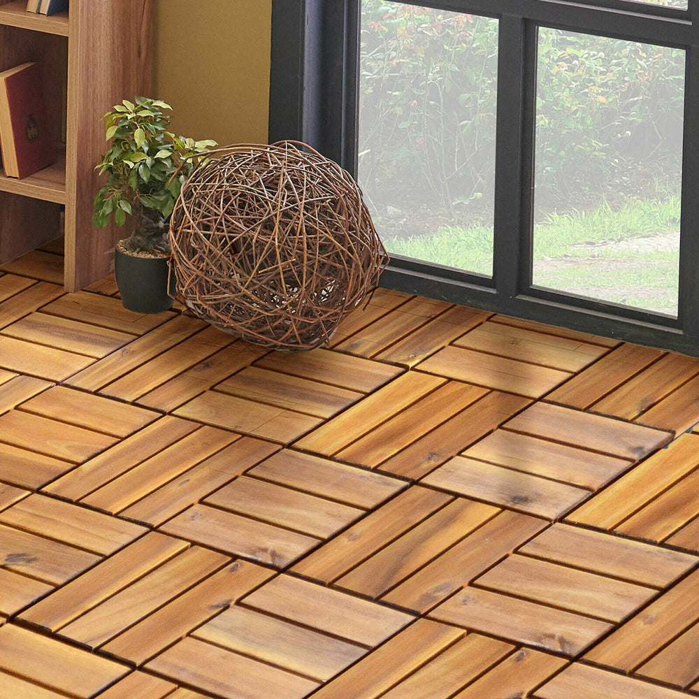 Acacia wood interlocking patio deck tiles arranged on a floor, ideal for outdoor and indoor spaces, covering 27 sq. ft.