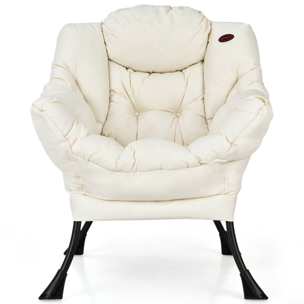 Beige lazy chair with thick upholstery and curved armrests, designed for comfort and stability in home or office.