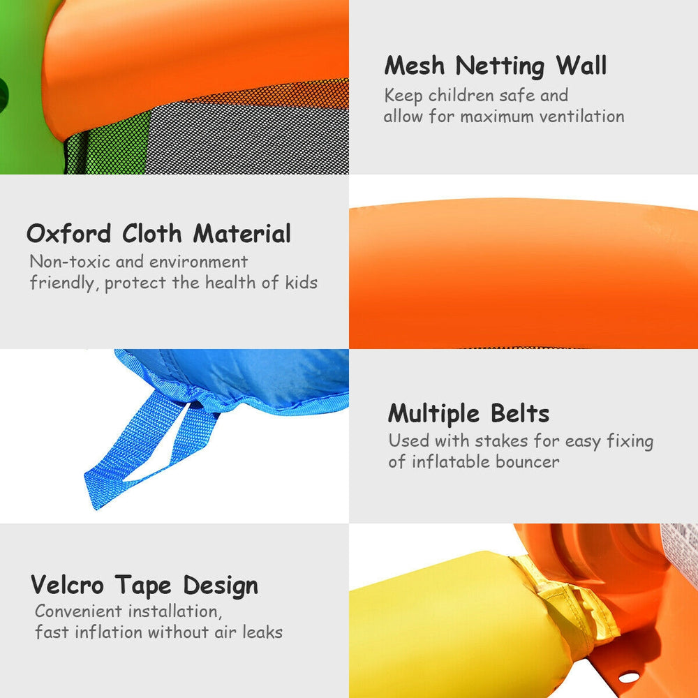 Inflatable bounce house with mesh walls, durable oxford material, and large jumping area for safe, fun playtime.