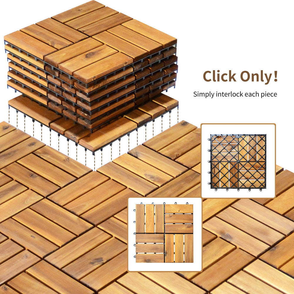 Acacia wood interlocking patio deck tiles, 12 x 12 inches, ideal for outdoor flooring and easy to install.