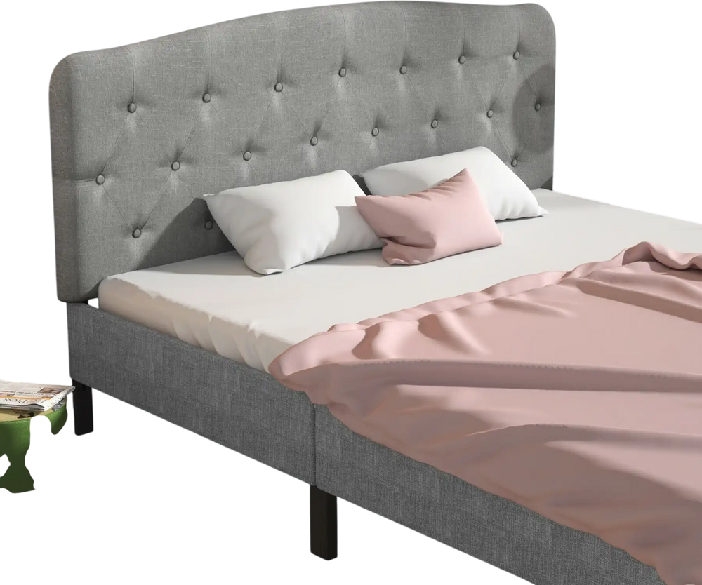 Light gray faux linen headboard with button detailing, adjustable heights, suitable for full size bed frames.
