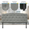 Light gray faux linen headboard with button tufting, adjustable heights, and solid plywood construction for full size.