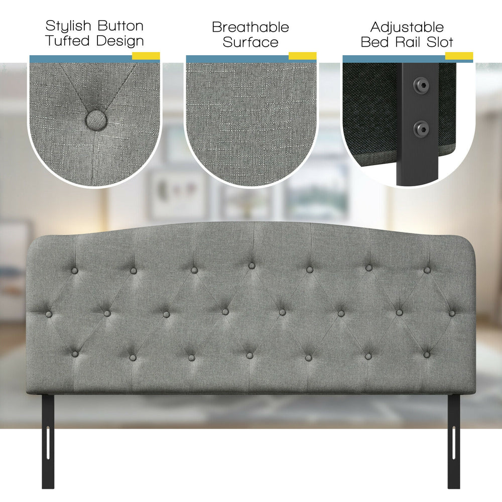 Light gray faux linen headboard with button tufting, adjustable heights, and solid plywood construction for full size.
