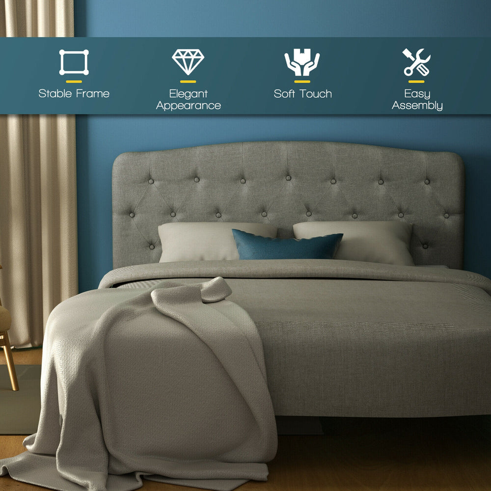 Light gray faux linen headboard with adjustable heights, button ornament, and soft sponge padding for full size beds.