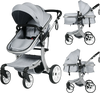 Folding aluminum infant stroller in gray with adjustable backrest, removable foot cover, and large storage basket for.