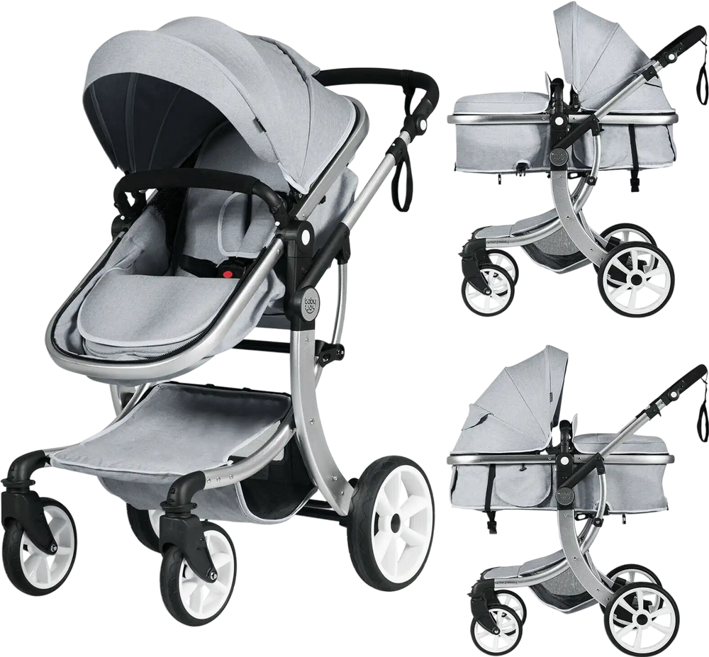 Folding aluminum infant stroller in gray with adjustable backrest, removable foot cover, and large storage basket for.