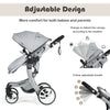 Reversible stroller in gray with adjustable handle, removable foot cover, and ventilation nets for comfort and safety.