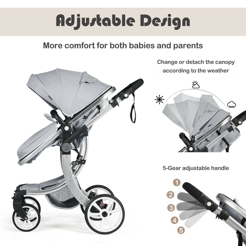 Reversible stroller in gray with adjustable handle, removable foot cover, and ventilation nets for comfort and safety.