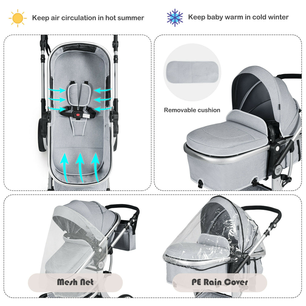 Reversible gray infant stroller with removable cushion, foot cover, and mesh net for ventilation, perfect for ages 0-3.