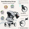 Folding gray aluminum stroller with shock-absorbing wheels, adjustable backrest, and removable foot cover for infants.