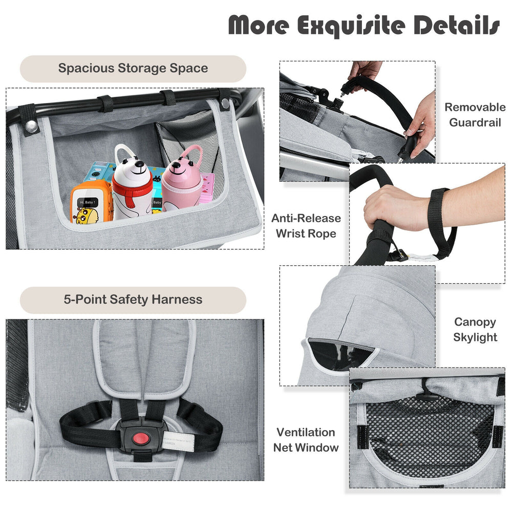 Detail of the Folding Aluminum Infant Stroller showing the spacious storage basket and 5-point safety harness for.