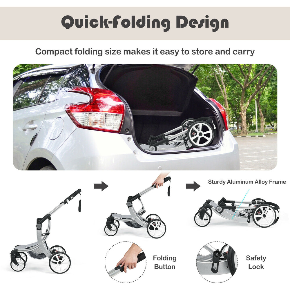 Folding aluminum stroller with quick-fold design, gray color, ideal for easy storage and transport for infants.