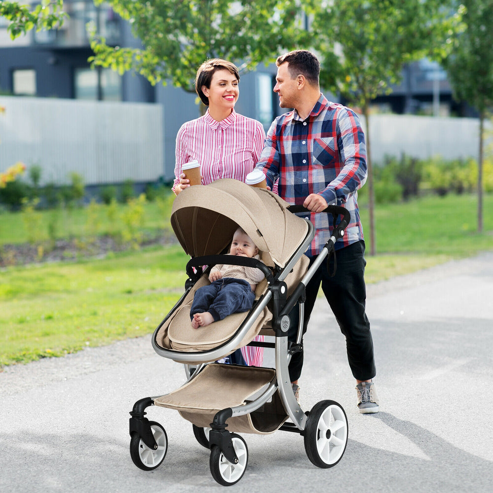 Folding Aluminum Infant Reversible Stroller with Diaper Bag-Beige - Gallery View 1 of 10