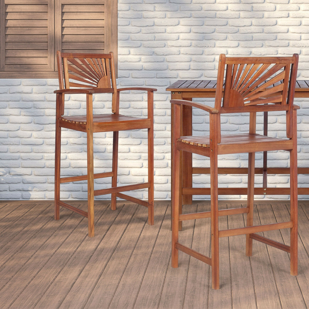 Two outdoor acacia wood bar chairs with sunflower backrest and armrests, ideal for patio or balcony use.