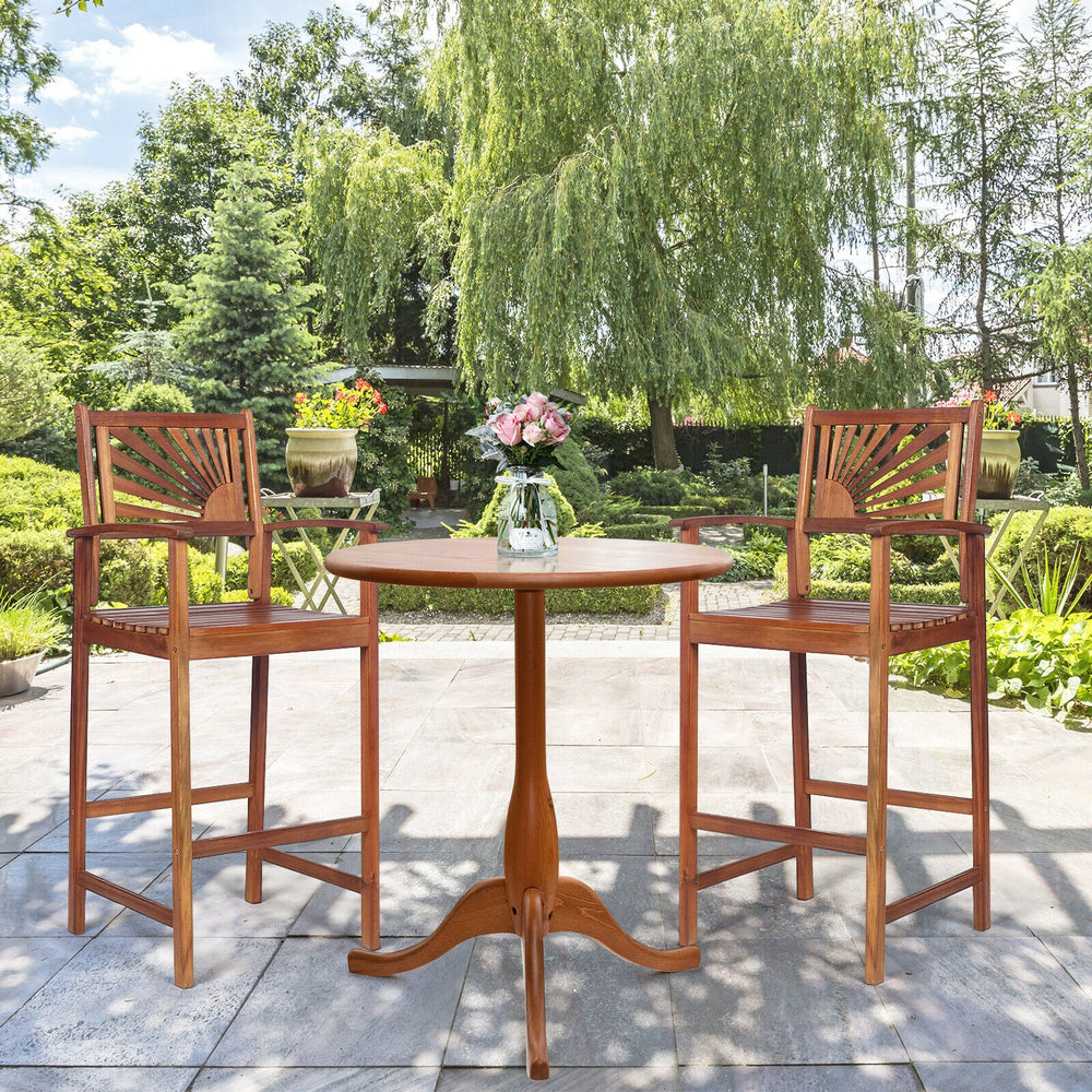 Two outdoor acacia wood bar chairs with sunflower backrests, perfect for patio relaxation and easy movement.