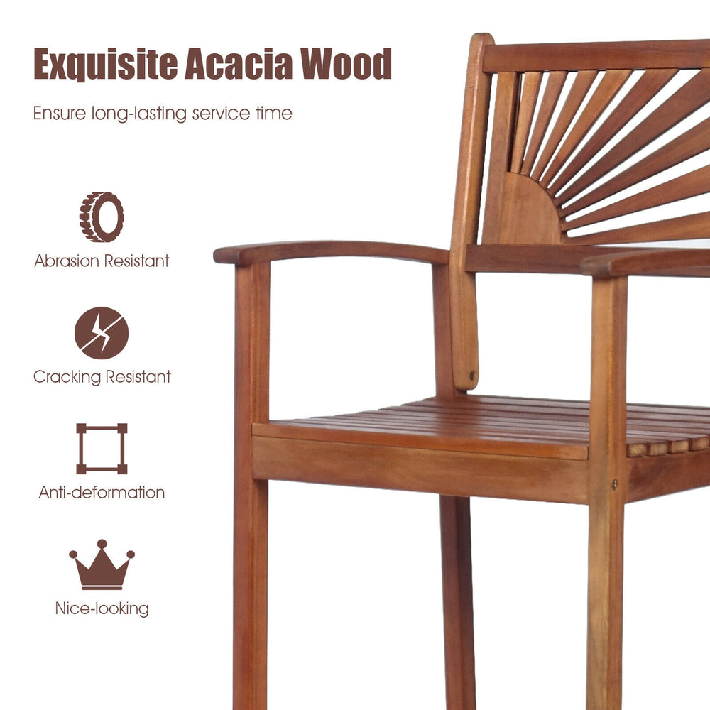 Acacia wood bar chair featuring a sunflower backrest, ideal for outdoor patios and balconies with a comfortable design.