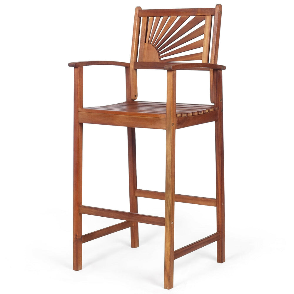 Acacia wood bar chair with sunflower backrest and armrests, perfect for outdoor patio and balcony use.