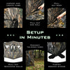 3 Person Portable Pop-Up Ground Tent with gun ports, durable polyester, and camouflage design for effective hunting.