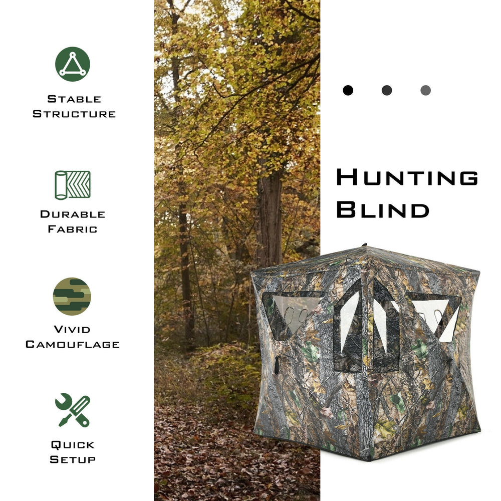 3-person portable pop-up hunting blind with vivid camouflage, durable fabric, and quick setup for outdoor use.