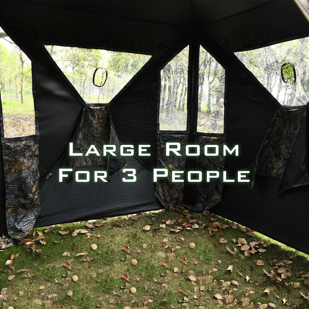 Spacious 3-person portable pop-up hunting tent with camouflage design and gun ports for enhanced outdoor concealment.