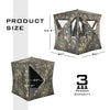 3 Person Portable Pop-Up Ground Tent with camouflage design, featuring gun ports and dimensions for outdoor hunting.
