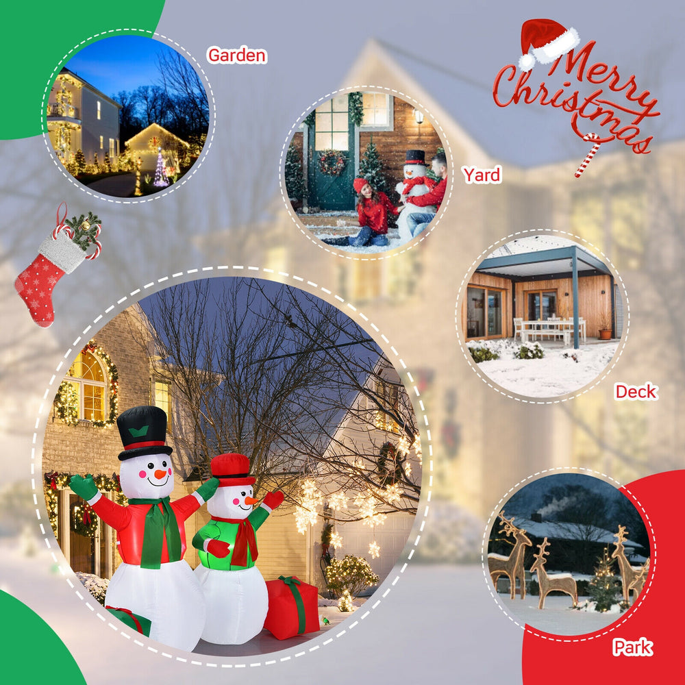 6 feet inflatable snowmen decoration with LED lights, perfect for outdoor Christmas displays in gardens and parks.