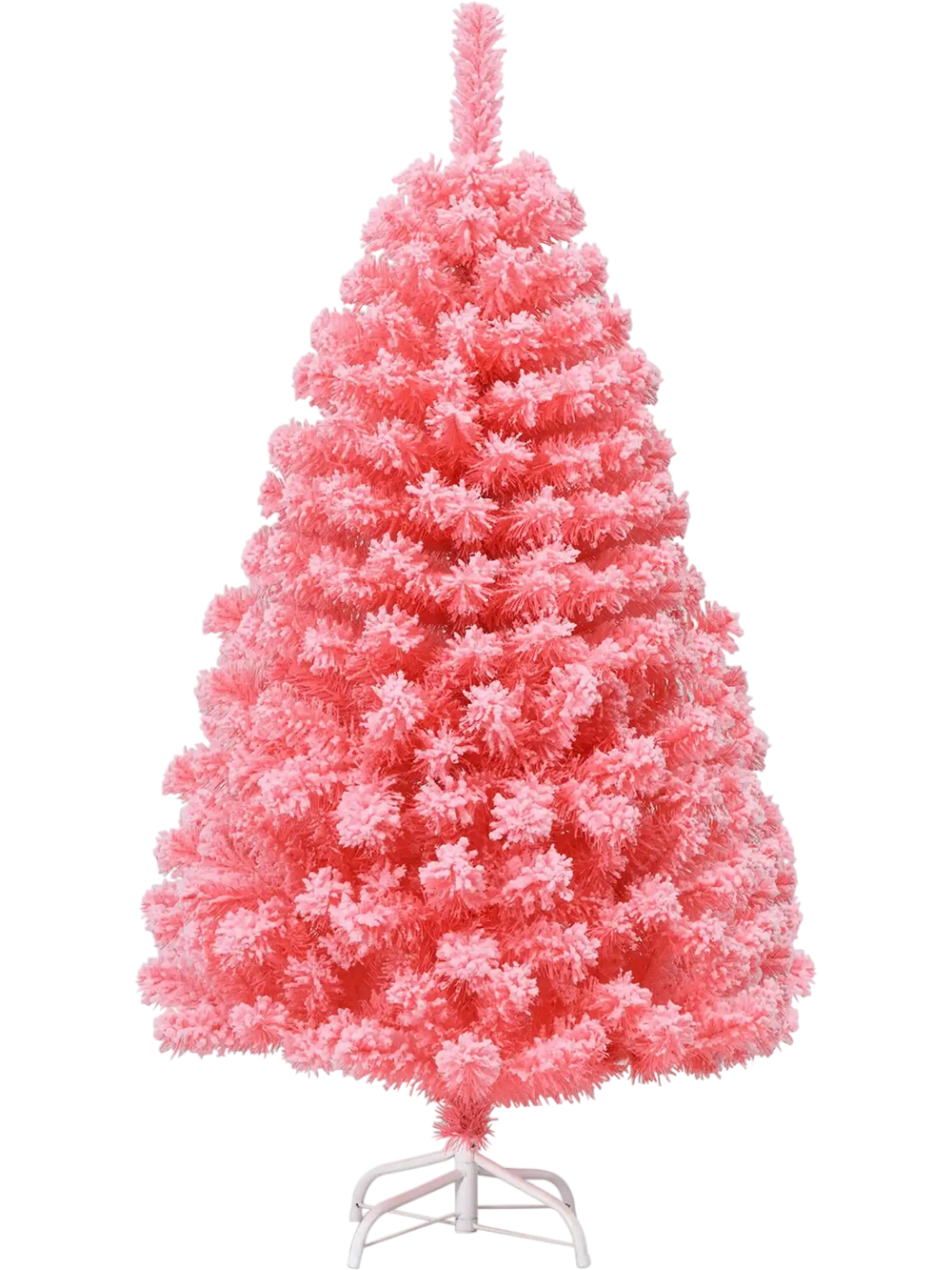 Pink Christmas tree with snow flocked PVC tips, 4.5 ft tall, on a sturdy metal stand, perfect for festive decor.