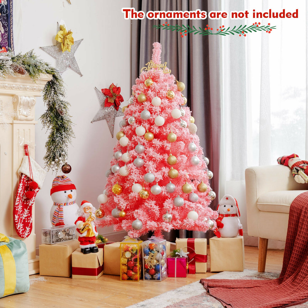 Pink Christmas tree with snow flocked PVC tips, 4.5 ft tall, perfect for festive decor in any room or commercial space.