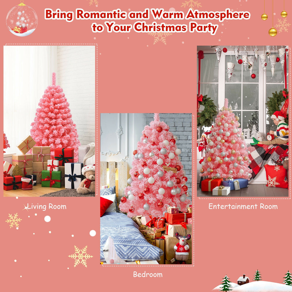 Pink 4.5 ft Christmas tree with snow flocked PVC tips and sturdy metal stand, perfect for festive room decor.