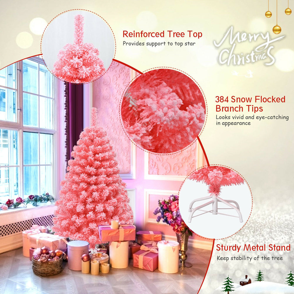 Pink Christmas tree with snow flocked PVC tips and sturdy metal stand, 4.5 ft tall, perfect for festive room decor.