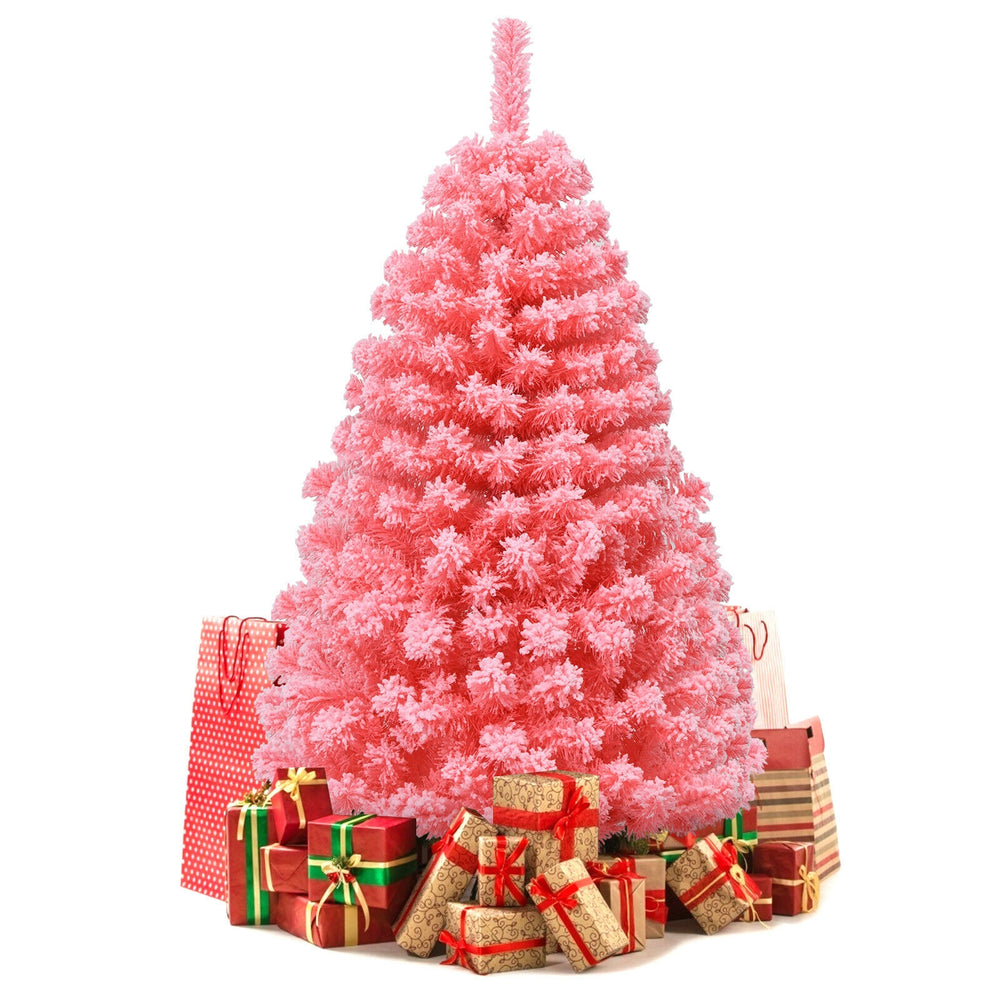 Pink Christmas tree with snow flocked PVC tips, 4.5 ft tall, surrounded by festive gifts for a unique holiday decor.