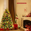 5 ft pre-lit snowy Christmas tree with multi-color lights, featuring red berries and pine cones for festive decor.