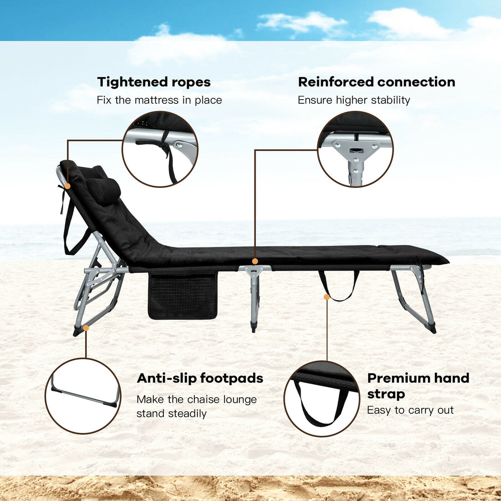 4-Fold oversized padded folding lounge chair in black with removable mattress, ideal for poolside or backyard.