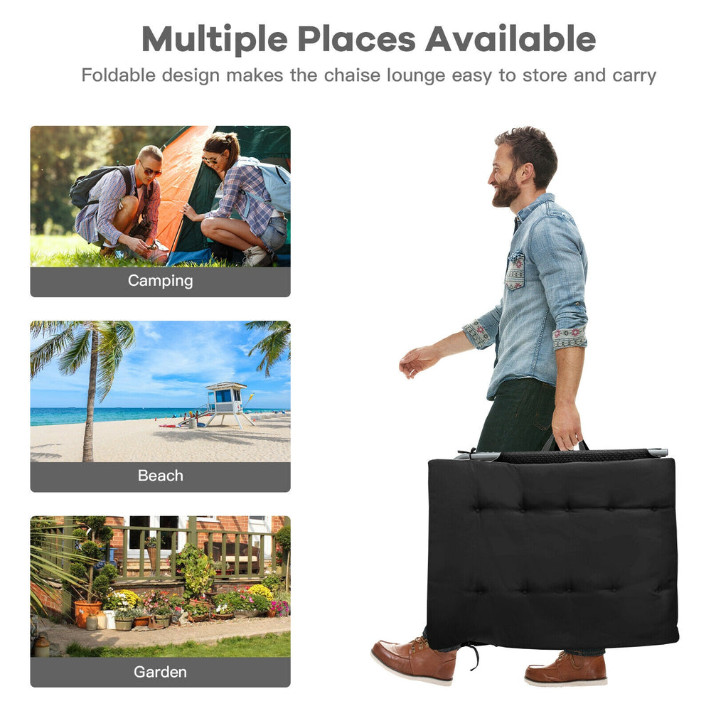 Oversize padded folding lounge chair in black, featuring a removable mattress, ideal for beach, garden, or backyard use.