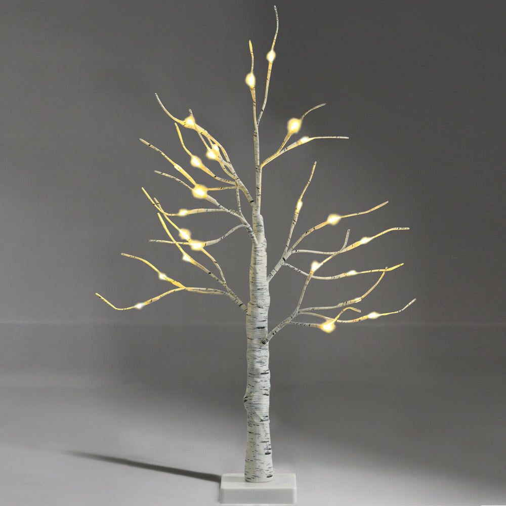 Pre-lit 2 feet white twig birch tree with 24 LED lights, flexible branches, perfect for holiday indoor decoration.