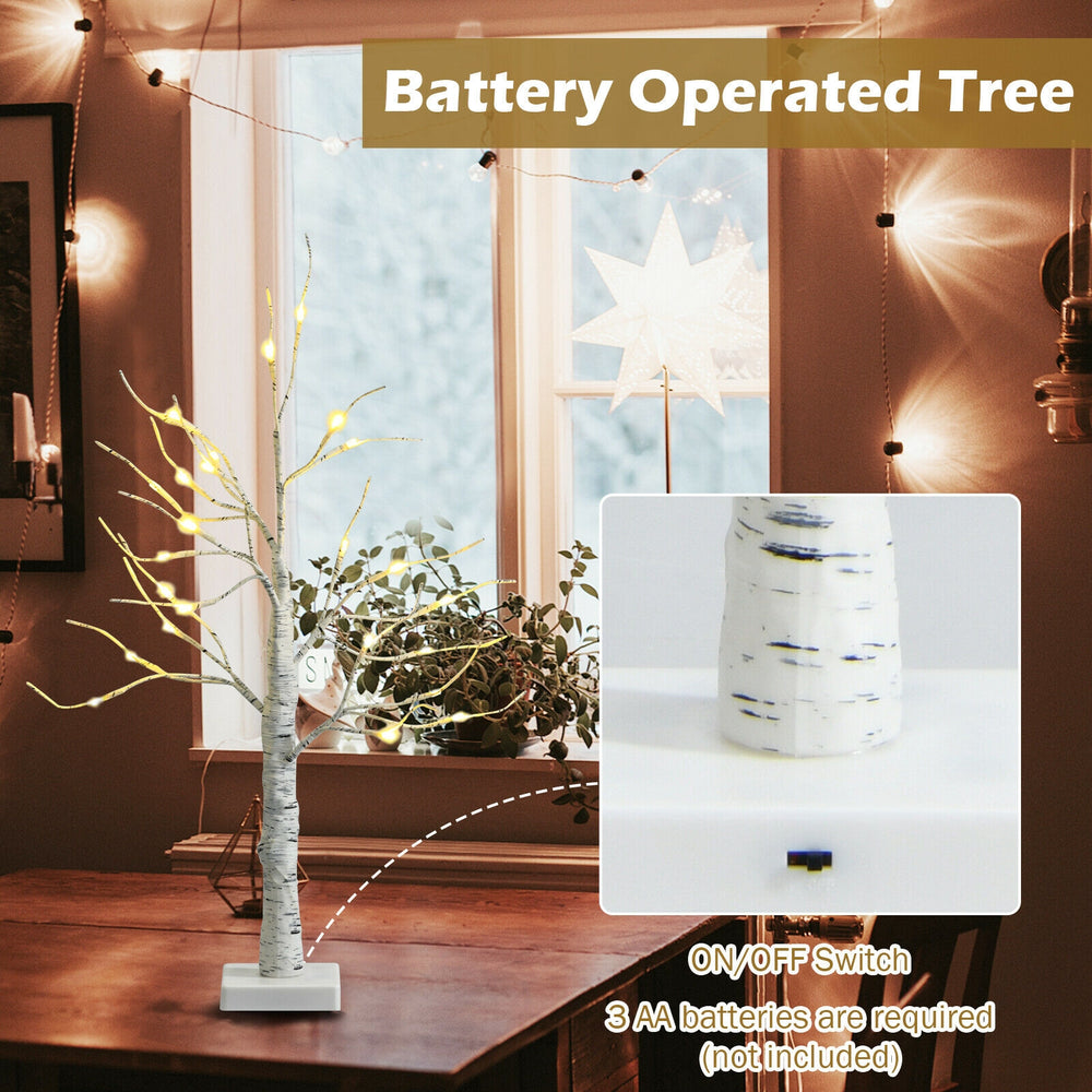 Pre-lit 2 feet white twig birch tree with 24 LED lights, flexible branches, battery operated for festive indoor.