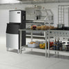 Split commercial ice maker producing 353 lbs of ice daily with 198 lbs storage bin, ideal for restaurants and bars.